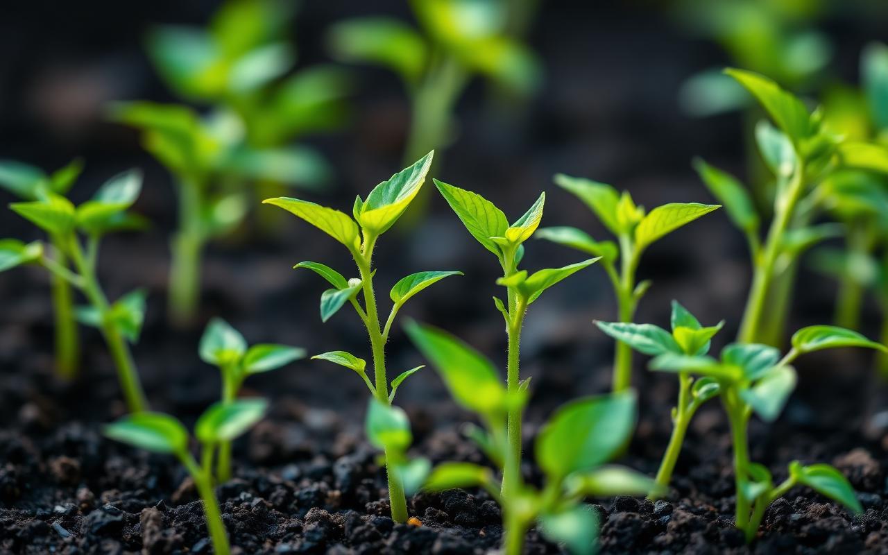 Healthy young pepper seedlings growing in rich soil