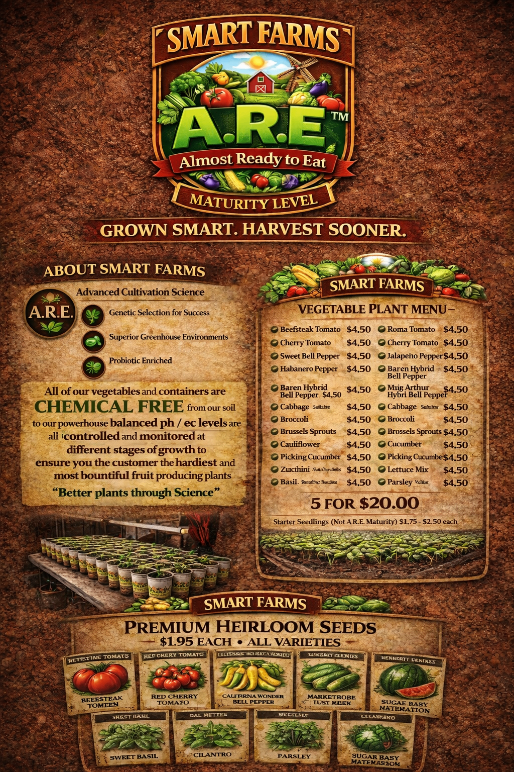 About Smart Farms with vegetable plant menu and heirloom seeds