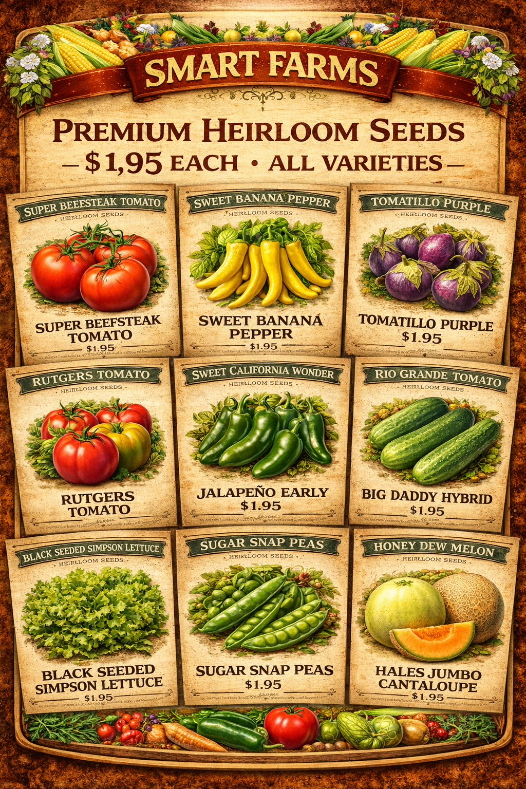 Smart Farms Premium Heirloom Seeds menu - $1.95 each, all varieties
